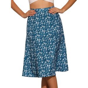 Floral Peasant Elastic Waist A-Line Leave Print Midi Skirt Lake Blue